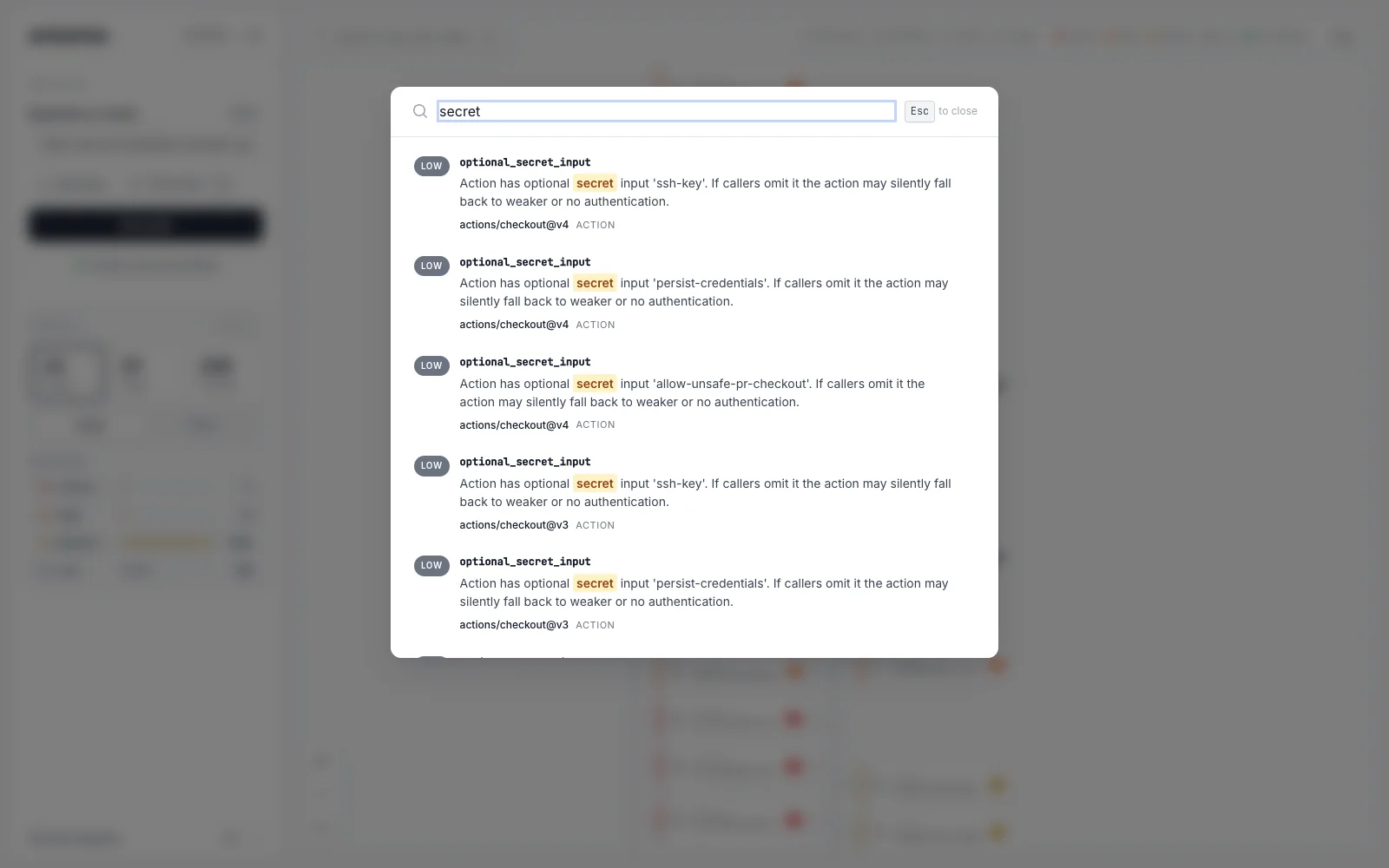 The search overlay with results for 'secret', each showing severity, finding type, message and node
