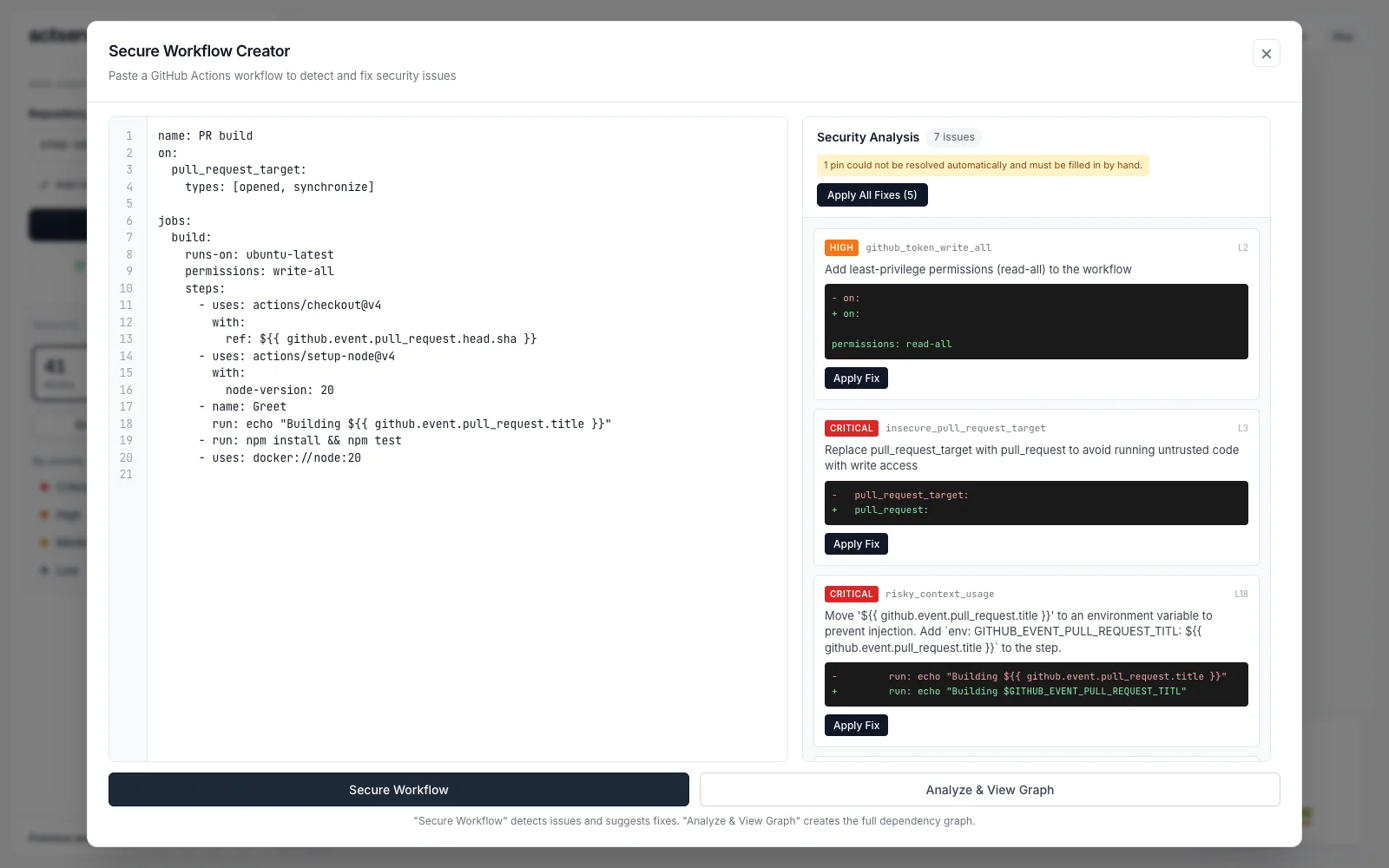 The Secure Workflow Creator with a pasted workflow on the left and suggested fixes with diffs on the right